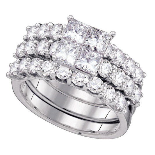 14k White Gold Princess Diamond 3-Piece Bridal Wedding Ring Set 4 Cttw