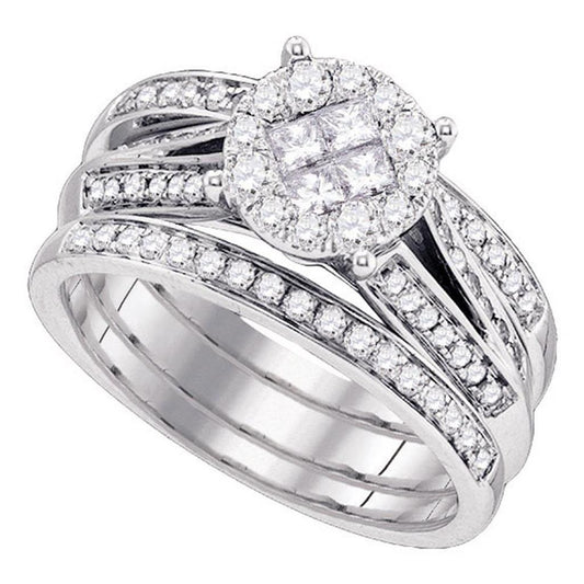 14k White Gold Princess Diamond 3-Piece Bridal Wedding Ring Set 1 Cttw