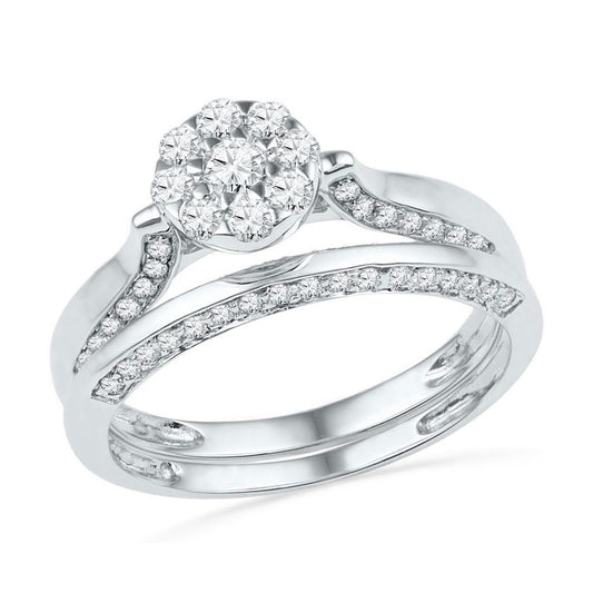 14k White Gold Round Diamond Cluster Bridal Wedding Ring Set 5/8 Cttw