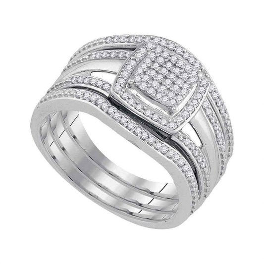 14k White Gold Round Diamond Square Bridal Wedding Ring 3-Piece Set 1/3 Cttw