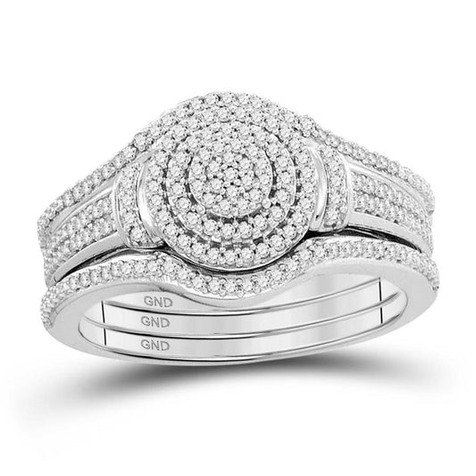 14k White Gold Round Diamond 3-Piece Cluster Bridal Wedding Ring Set 1/3 Cttw