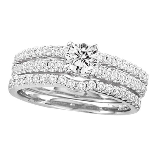 14k White Gold Round Diamond 3-Piece Bridal Wedding Ring Set 1 Cttw