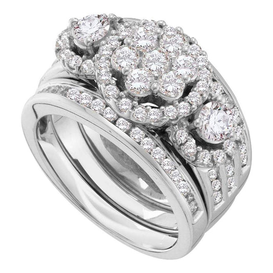 14k White Gold Round Diamond 3-Piece Bridal Wedding Ring Set 2 Cttw