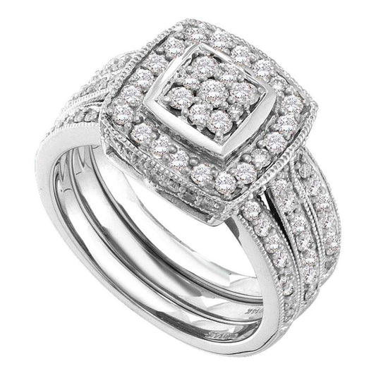 14k White Gold Diamond Cluster 3-Piece Bridal Wedding Ring Set 1 Cttw