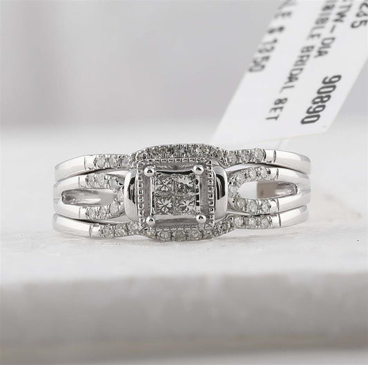 14k White Gold Princess Diamond 3-Piece Bridal Wedding Ring Set 1/4 Cttw