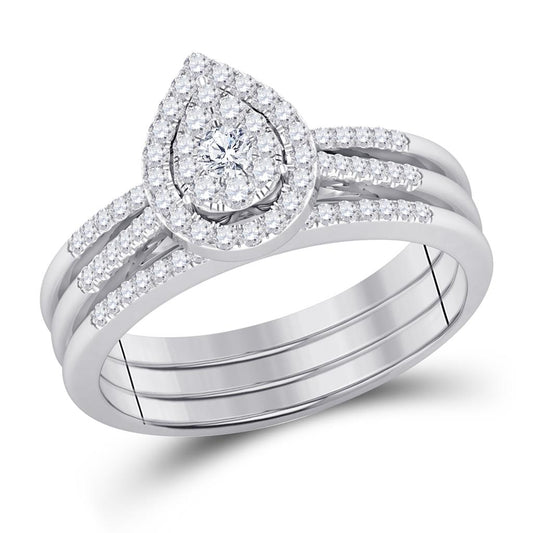 14k White Gold Round Diamond 3-Piece Bridal Wedding Ring Set 1/2 Cttw