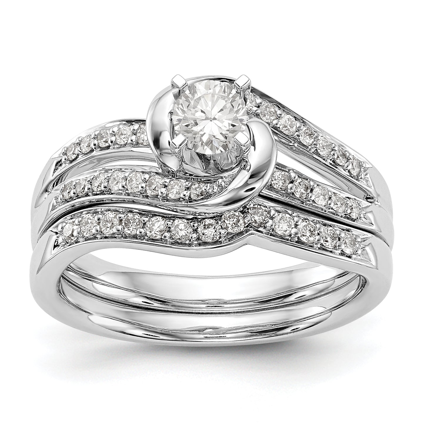 14k White Gold Peg Set Simulated Diamond By Pass Engagement Ring