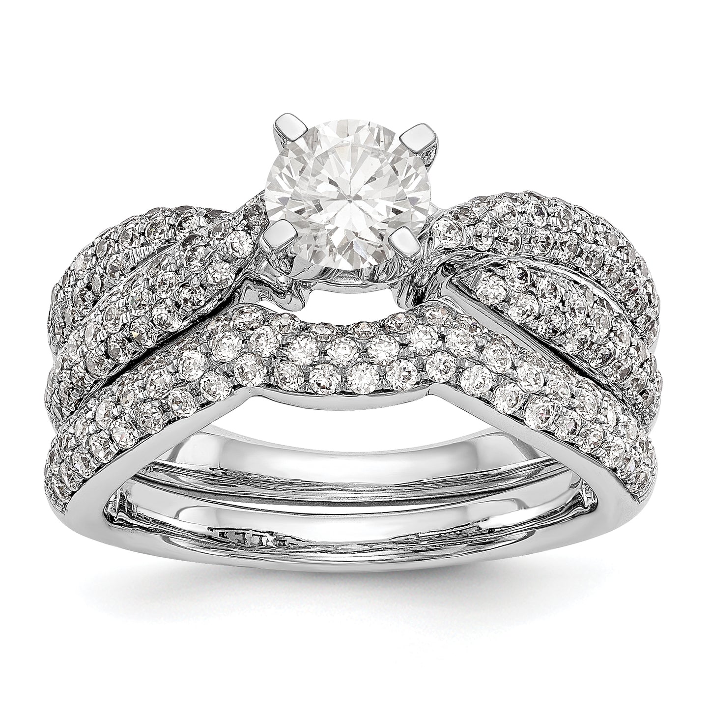 14k White Gold Peg Set Simulated Diamond By Pass Engagement Ring