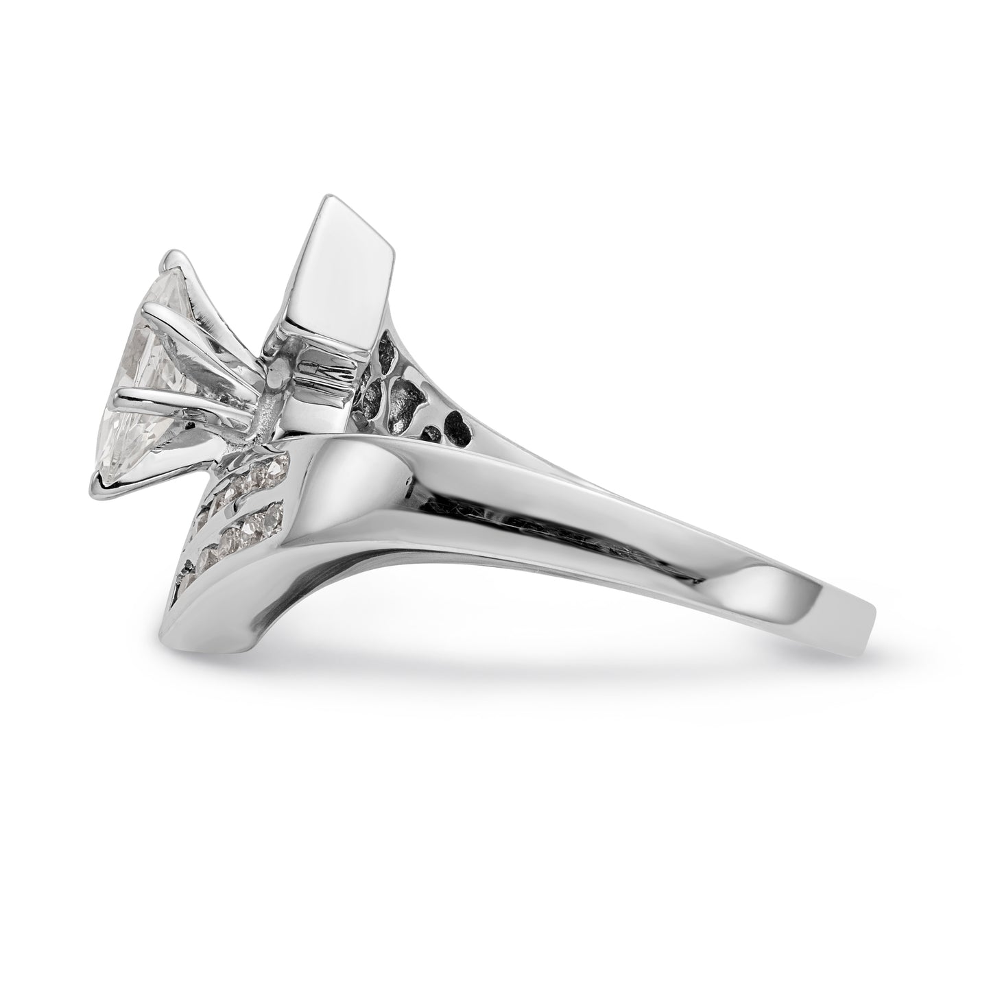 14k White Gold Peg Set Simulated Diamond By Pass Engagement Ring
