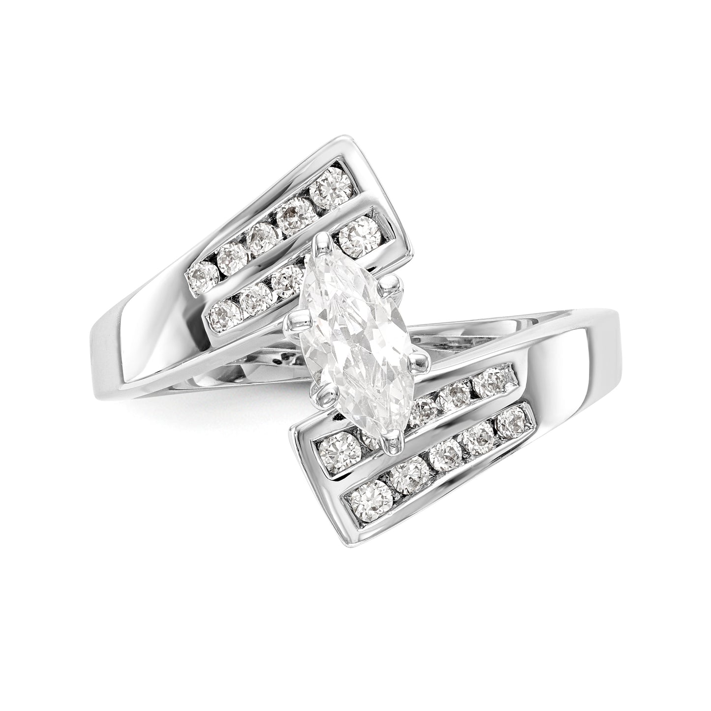 14k White Gold Peg Set Simulated Diamond By Pass Engagement Ring