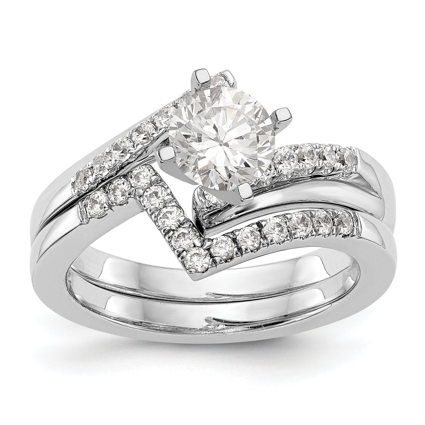 14k White Gold Peg Set Simulated Diamond By Pass Engagement Ring