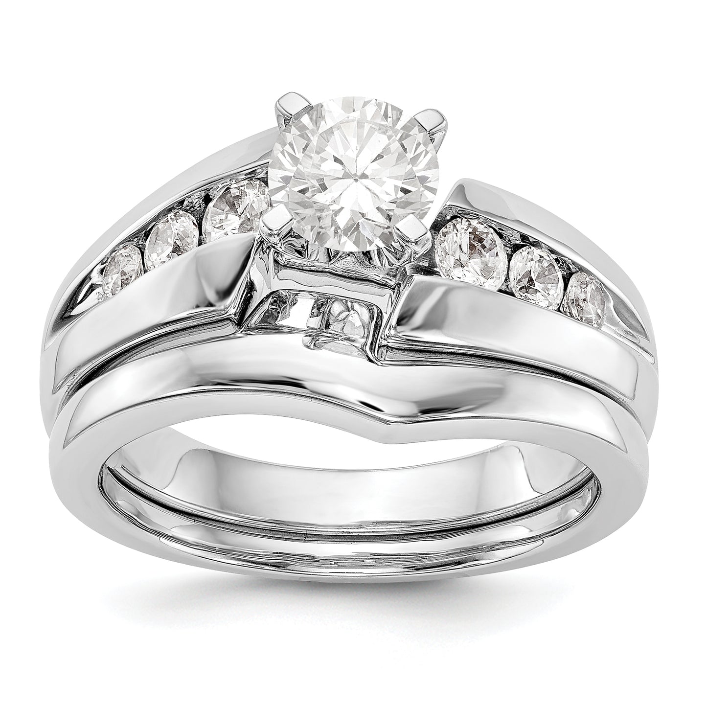 14k White Gold Peg Set Simulated Diamond By Pass Engagement Ring