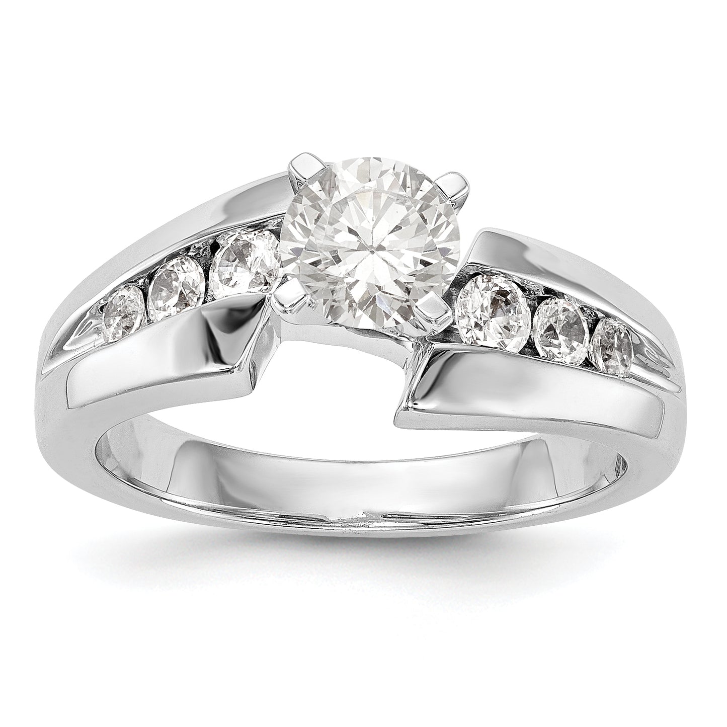 14k White Gold Peg Set Simulated Diamond By Pass Engagement Ring