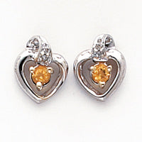 14k White Gold .01ct Diamond and Citrine Birthstone Heart Earrings