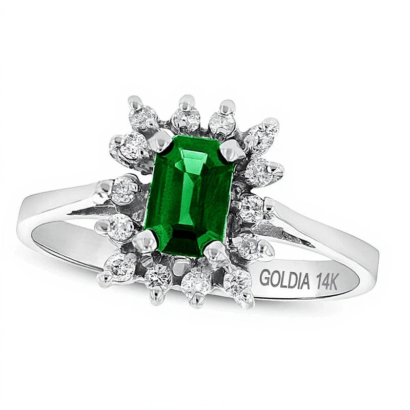 Emerald-Cut Emerald and 0.13 CT. TW Diamond Starburst Frame Ring in 14K White Gold