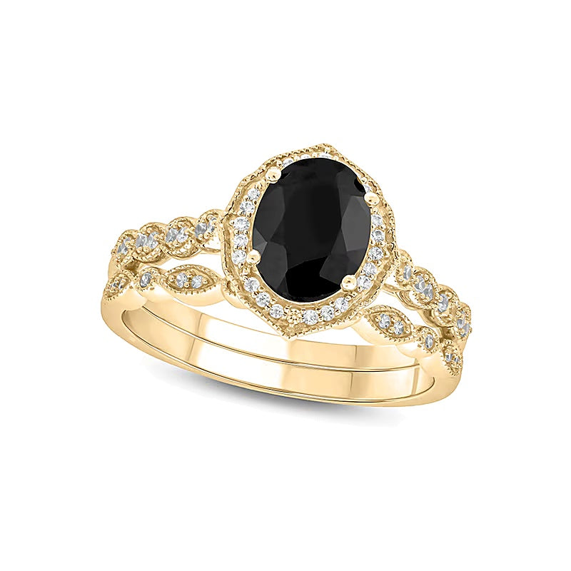 Oval Black Sapphire and 0.2 CT. TW Diamond Quatrefoil Frame Art Deco Vintage-Style Bridal Set in 10K Gold