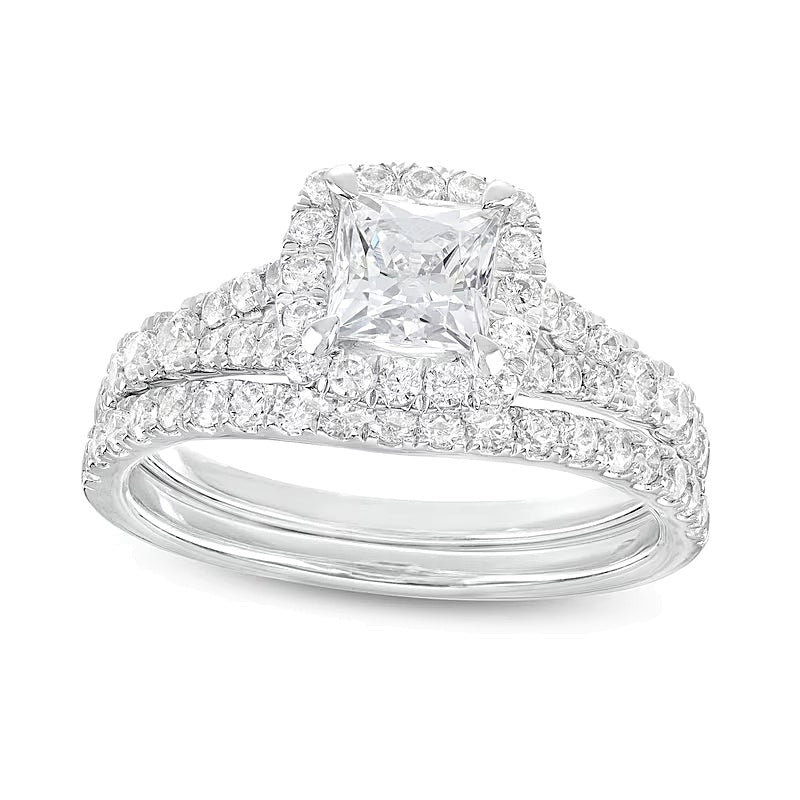 1.88 CT. TW Princess-Cut Lab-Grown Diamond Cushion Frame Split Shank Bridal Set in 14K White Gold (I/SI2)