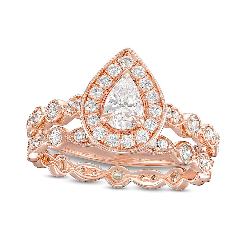 1.0 CT. TW Pear-Shaped Diamond Frame Vintage-Style Art Deco Shank Bridal Set in 14K Rose Gold