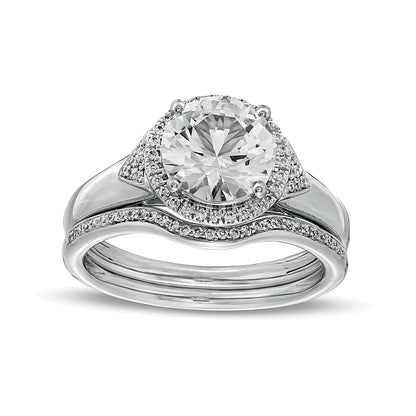 8.0mm White Lab-Created Sapphire and 0.2 CT. TW Diamond Frame Chevron Size Accent Bridal Set in Sterling Silver