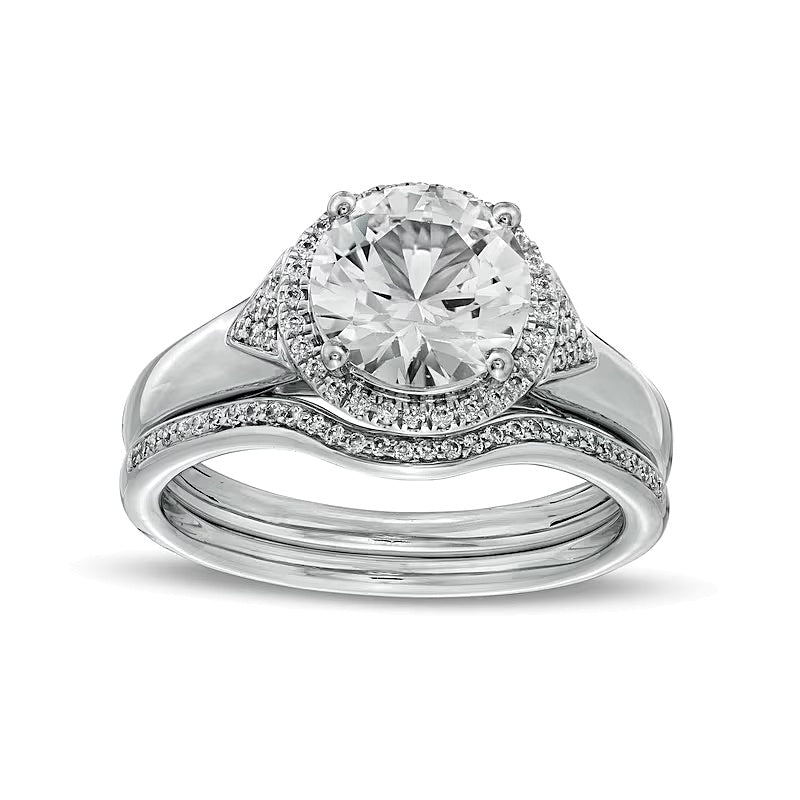 8.0mm White Lab-Created Sapphire and 0.2 CT. TW Diamond Frame Chevron Size Accent Bridal Set in Sterling Silver