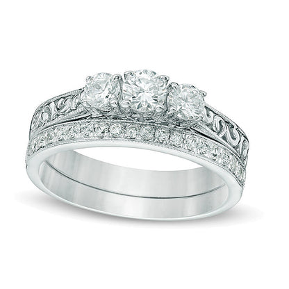 0.75 CT. TW Diamond Three Stone Vintage-Style Bridal Set in 10K White Gold