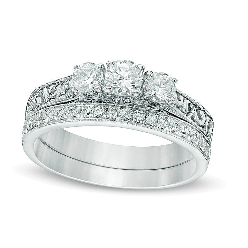 0.75 CT. TW Diamond Three Stone Vintage-Style Bridal Set in 10K White Gold