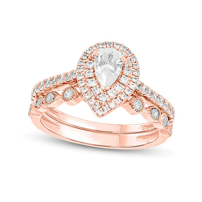 1.0 CT. TW Pear-Shaped Diamond Double Frame Vintage-Style Bridal Set in 10K Rose Gold (I/I2)
