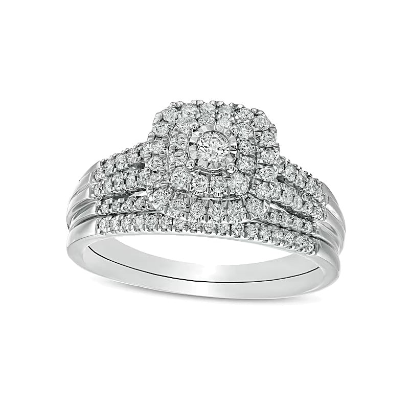 0.5 CT. TW Diamond Double Cushion-Shaped Multi-Row Bridal Set in 10K White Gold