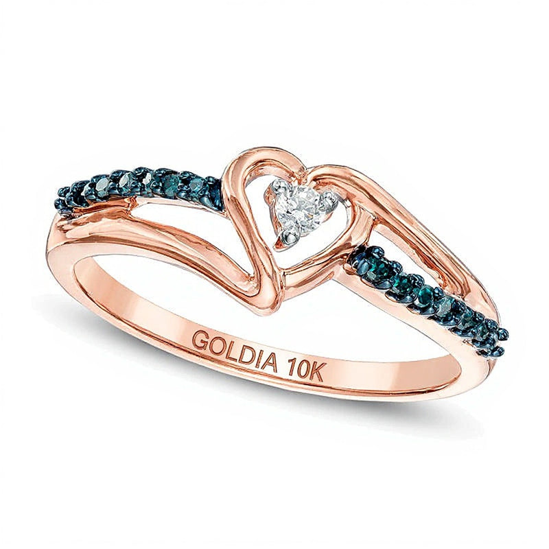 0.1 CT. TW Enhanced Blue and White Diamond Heart Promise Ring in 10K Rose Gold