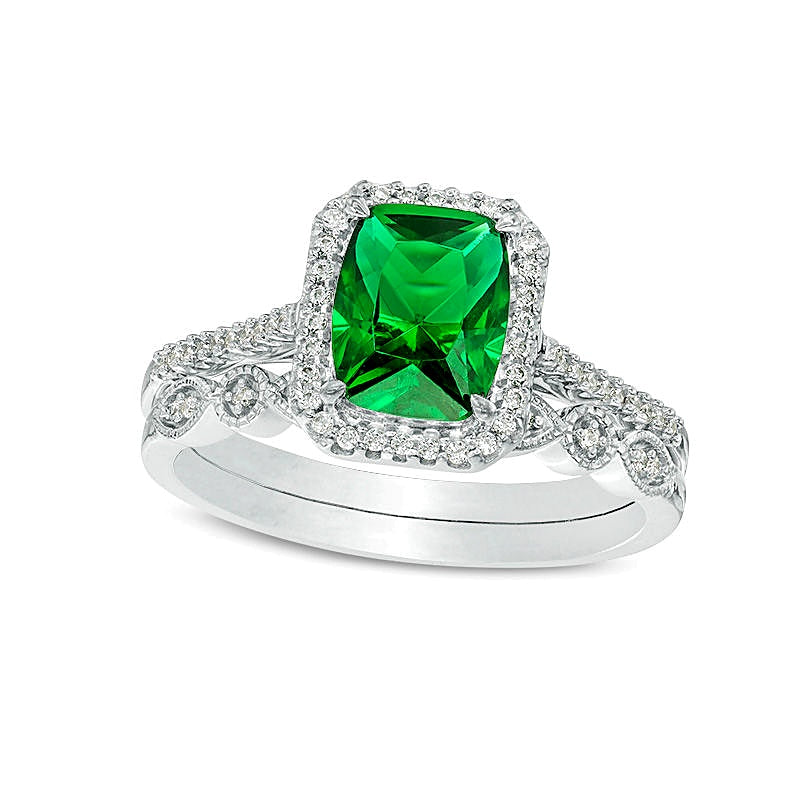 Cushion-Cut Lab-Created Emerald and 0.2 CT. TW Diamond Octagon Frame Vintage-Style Bridal Set in Sterling Silver