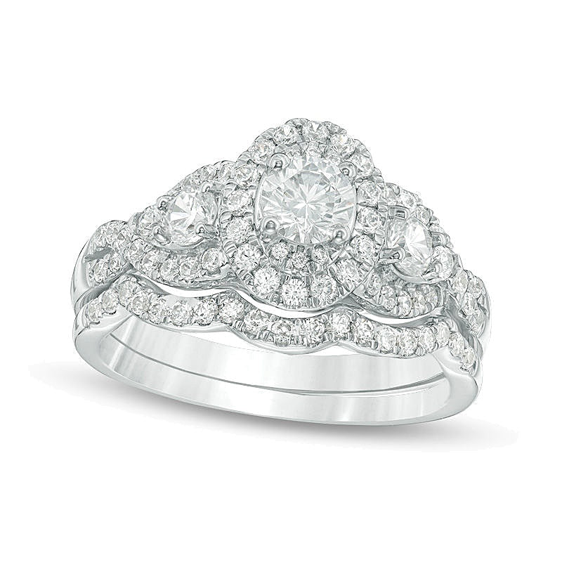 1.17 CT. TW Diamond Three Stone Oval Frame Twist Bridal Set in 14K White Gold