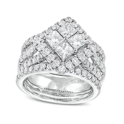 3.0 CT. TW Quad Princess-Cut Diamond Tilted Square Frame Three Piece Bridal Set in 14K White Gold