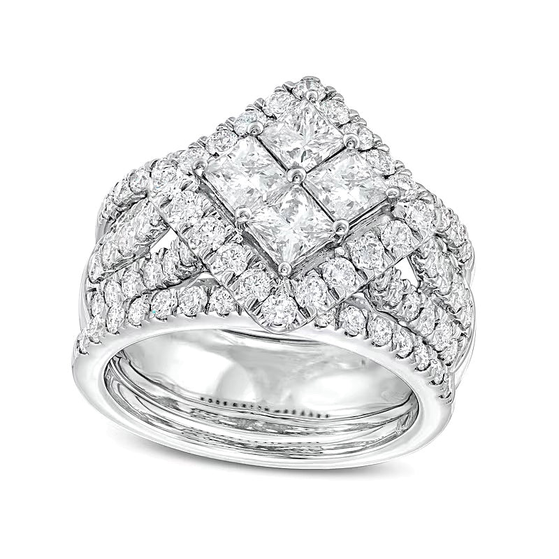 3.0 CT. TW Quad Princess-Cut Diamond Tilted Square Frame Three Piece Bridal Set in 14K White Gold