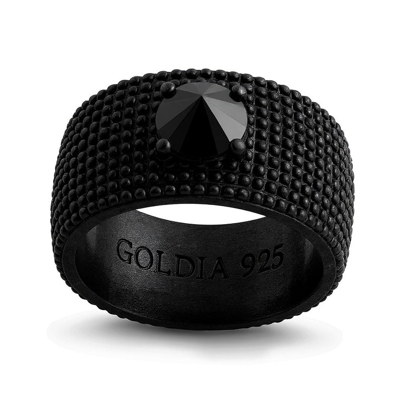Black Spinel Spike Beaded Dome Band in Oxidized Black Sterling Silver