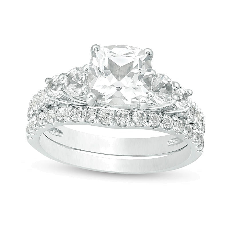 7.0mm Cushion-Cut Lab-Created White Sapphire Bridal Set in Sterling Silver