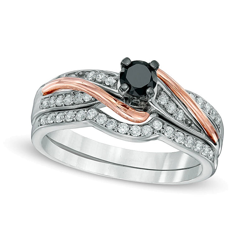 0.5 CT. TW Enhanced Black and White Diamond Bridal Set in Sterling Silver and 10K Rose Gold