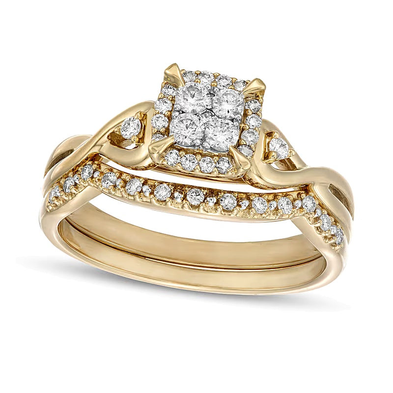 0.33 CT. TW Quad Diamond Cushion-Shaped Frame Twist Shank Bridal Set in 10K Gold
