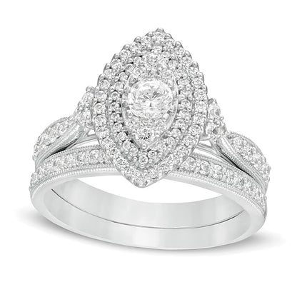 1.0 CT. TW Diamond Double Marquise Frame Tri-Sides Vintage-Style Bridal Set in 10K White Gold