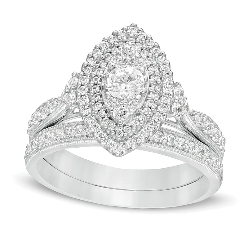 1.0 CT. TW Diamond Double Marquise Frame Tri-Sides Vintage-Style Bridal Set in 10K White Gold