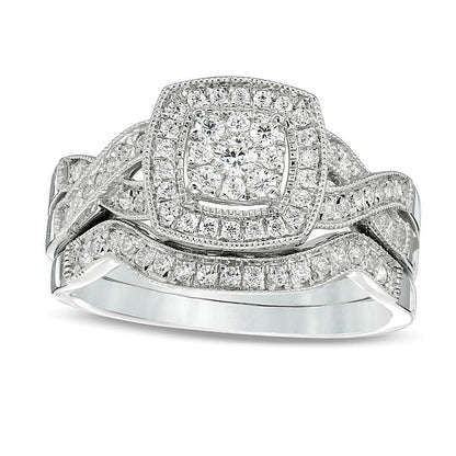 0.5 CT. TW Multi-Diamond Cushion Frame Vintage-Style Bridal Set in 10K White Gold