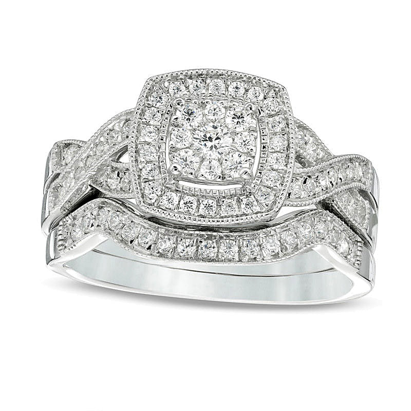 0.5 CT. TW Multi-Diamond Cushion Frame Vintage-Style Bridal Set in 10K White Gold