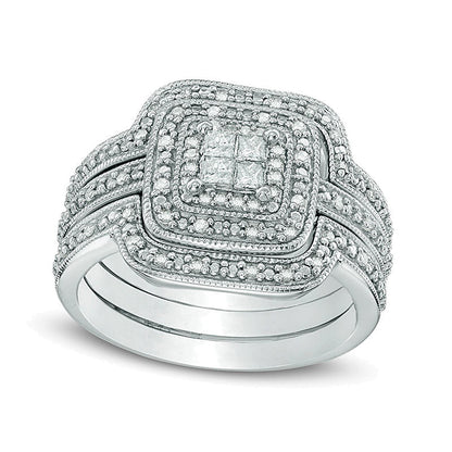 0.33 CT. TW Quad Princess-Cut Diamond Layered Frame Vintage-Style Three Piece Bridal Set in Sterling Silver