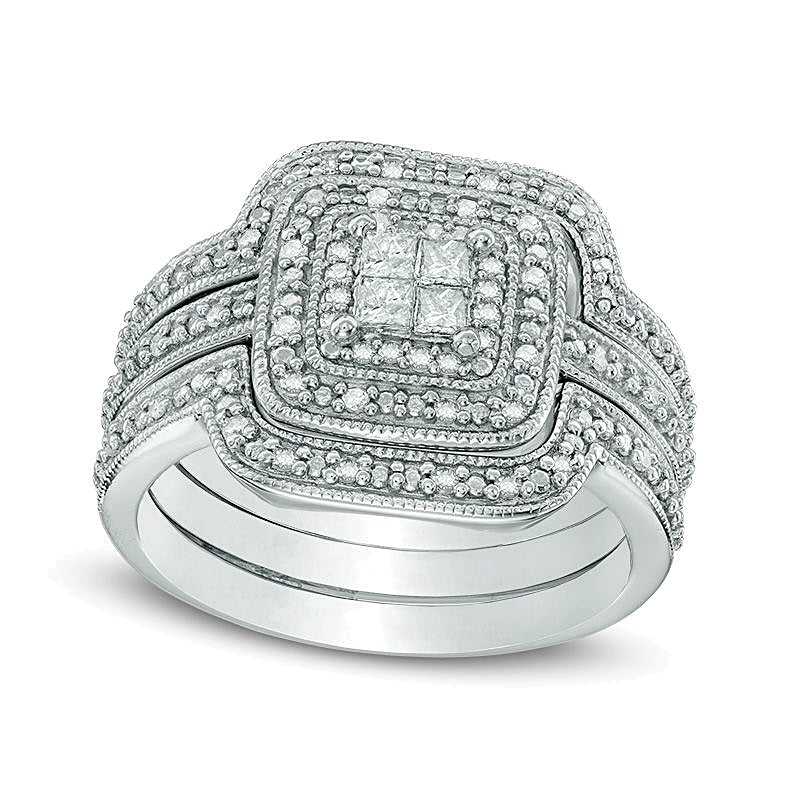 0.33 CT. TW Quad Princess-Cut Diamond Layered Frame Vintage-Style Three Piece Bridal Set in Sterling Silver