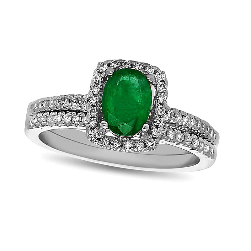 Oval Emerald and 0.33 CT. TW Diamond Frame Bridal Set in 14K White Gold
