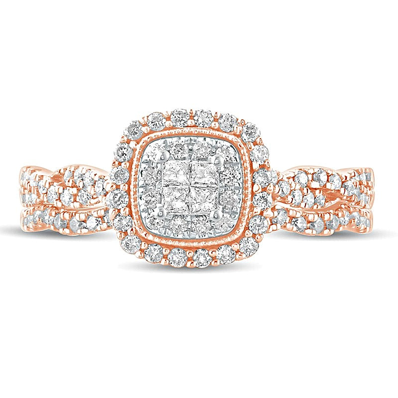 0.5 CT. TW Princess-Cut Quad Diamond Frame Twist Shank Bridal Set in 10K Rose Gold