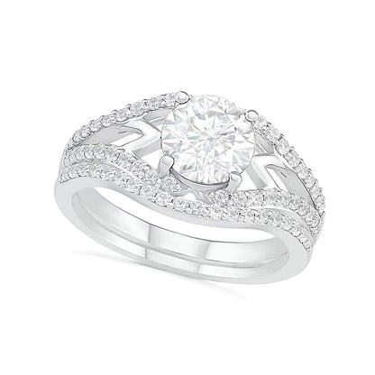 7.0mm White Lab-Created Sapphire Geometric Pointed Split Shank Bridal Set in Sterling Silver