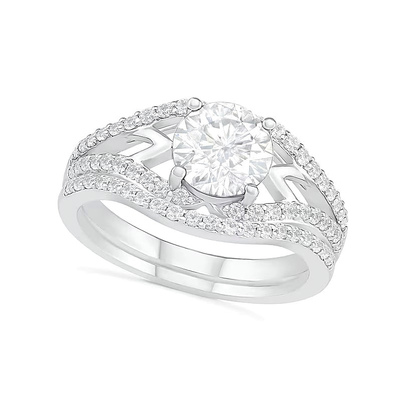 7.0mm White Lab-Created Sapphire Geometric Pointed Split Shank Bridal Set in Sterling Silver