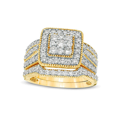 1.25 CT. TW Multi-Diamond Square Frame Vintage-Style Multi-Row Bridal Set in 10K Gold