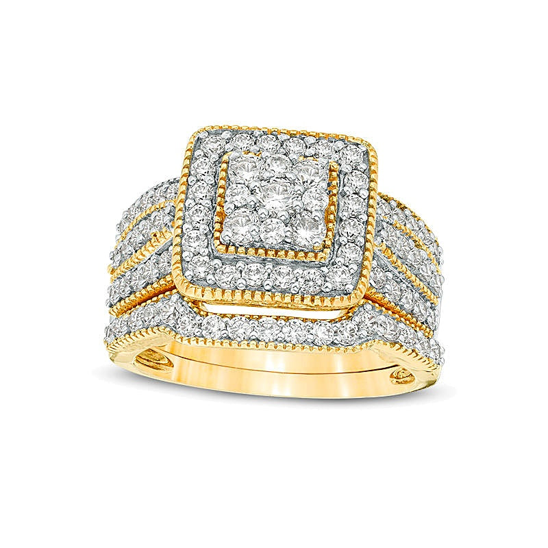 1.25 CT. TW Multi-Diamond Square Frame Vintage-Style Multi-Row Bridal Set in 10K Gold