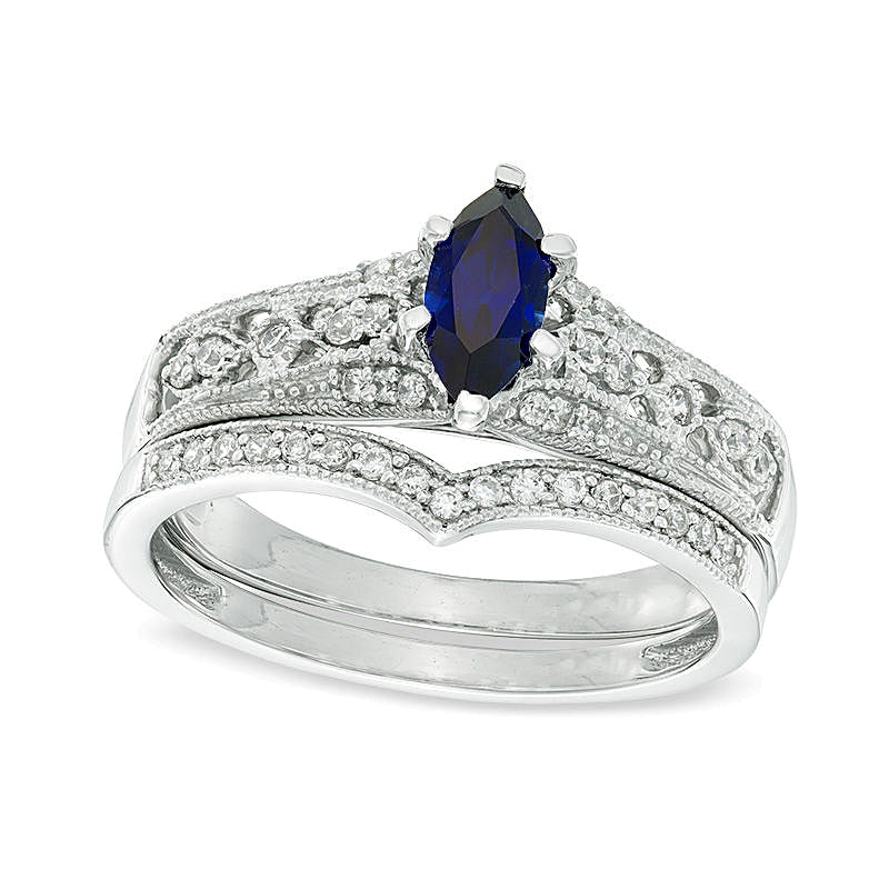 Marquise Lab-Created Blue Sapphire and 0.2 CT. TW Diamond Vintage-Style Bridal Set in 10K White Gold